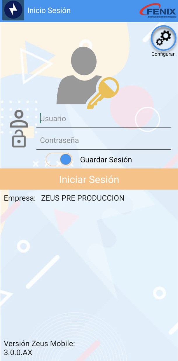 Pantalla de inicio de sesión de Zeus Mobile