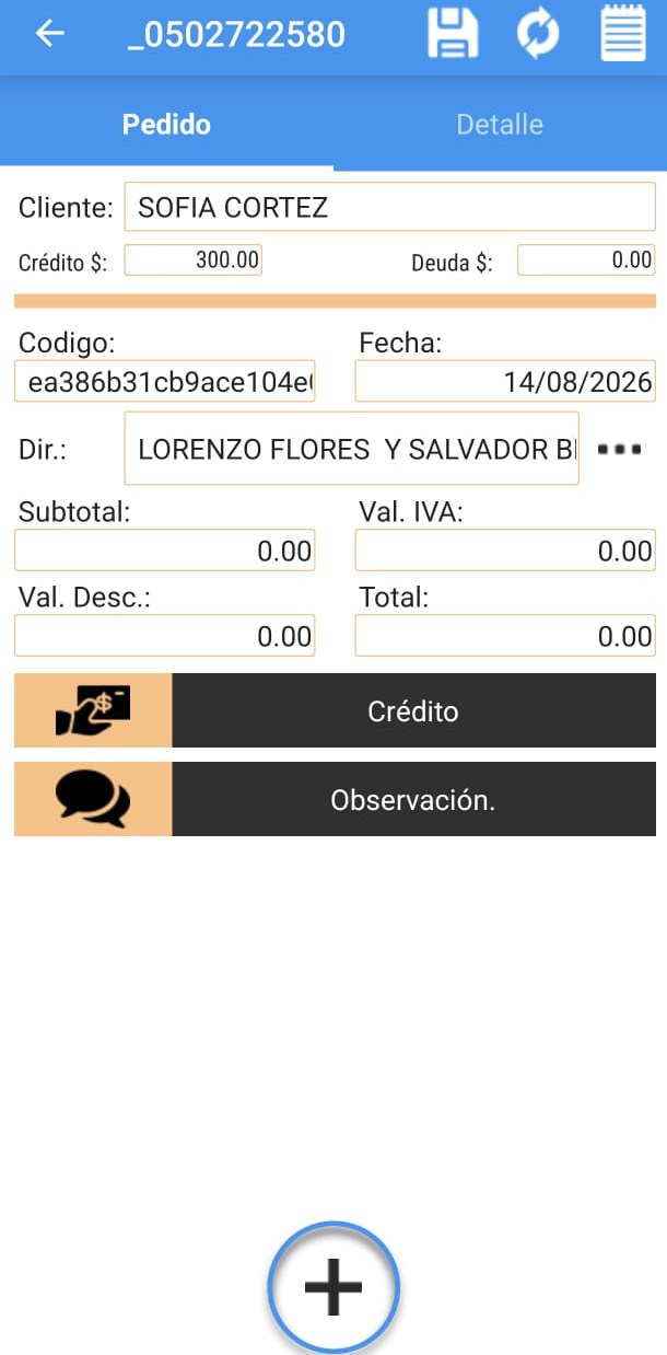Pantalla de pedido de Zeus Mobile