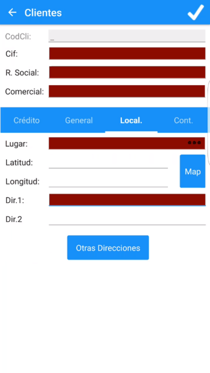 Formulario de cliente pestaña Localización