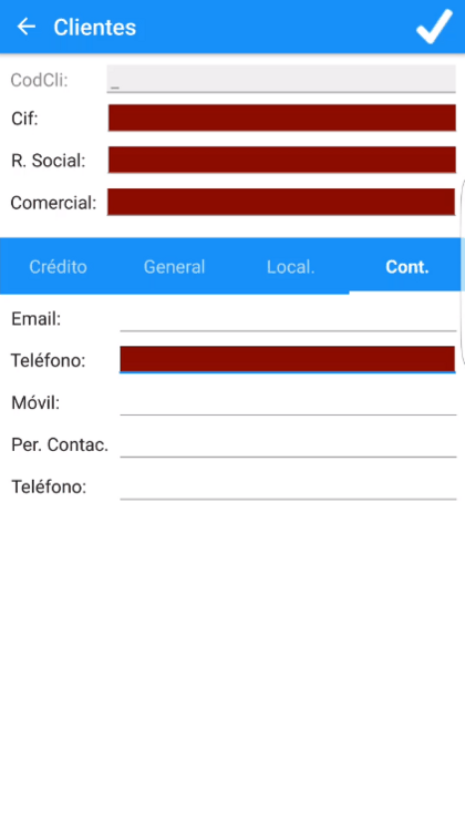 Formulario de cliente pestaña Contactos