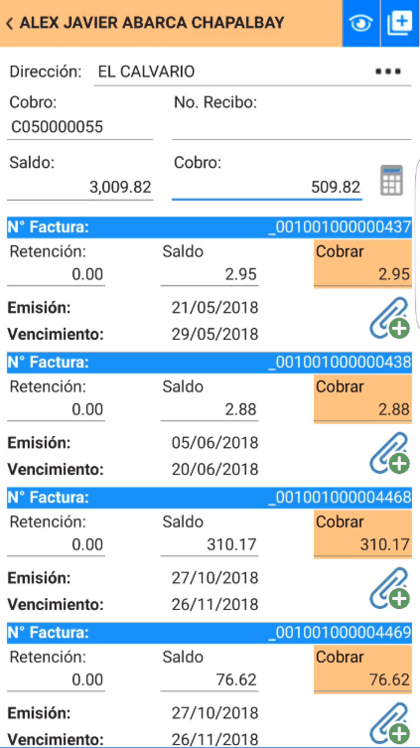 Asignación de valores del cobro