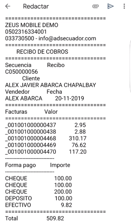 Recibo de cobros generado